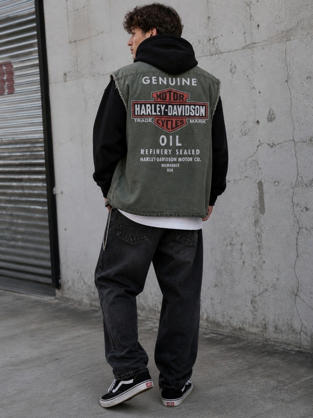 Harley Davidson Cut off Shirt XL | Olive Sleeveless Button Up Graphic Back Biker